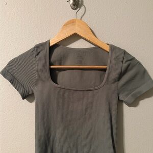 Gray Ribbed Square Neck Top
